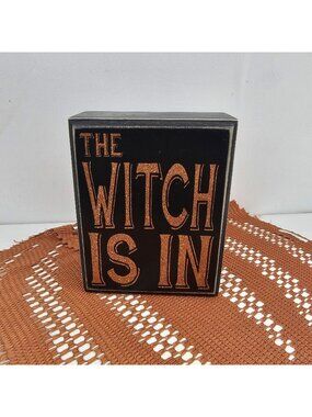 Primitives by Kathy "The Witch Is In" Wood Box Sign Halloween Decor Orange...